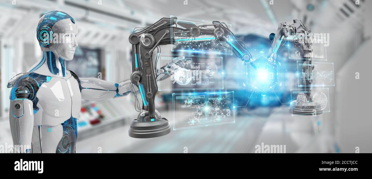 White man robot on blurred background using robotics arms with digital screen 3D rendering Stock Photo