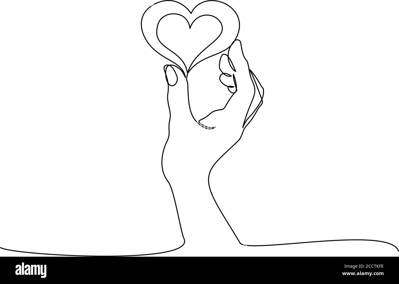 Hand holding heart sign. Continuous one line art drawing style. Black ...