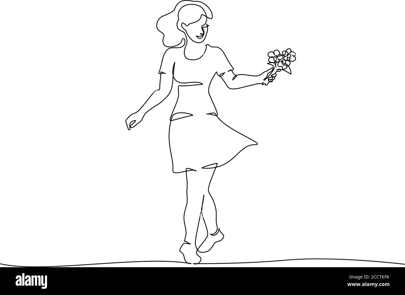 Woman walking with flowers in hand. Continuous one line art drawing style. Black linear sketch isolated on white background. Vector illustration Stock Vector
