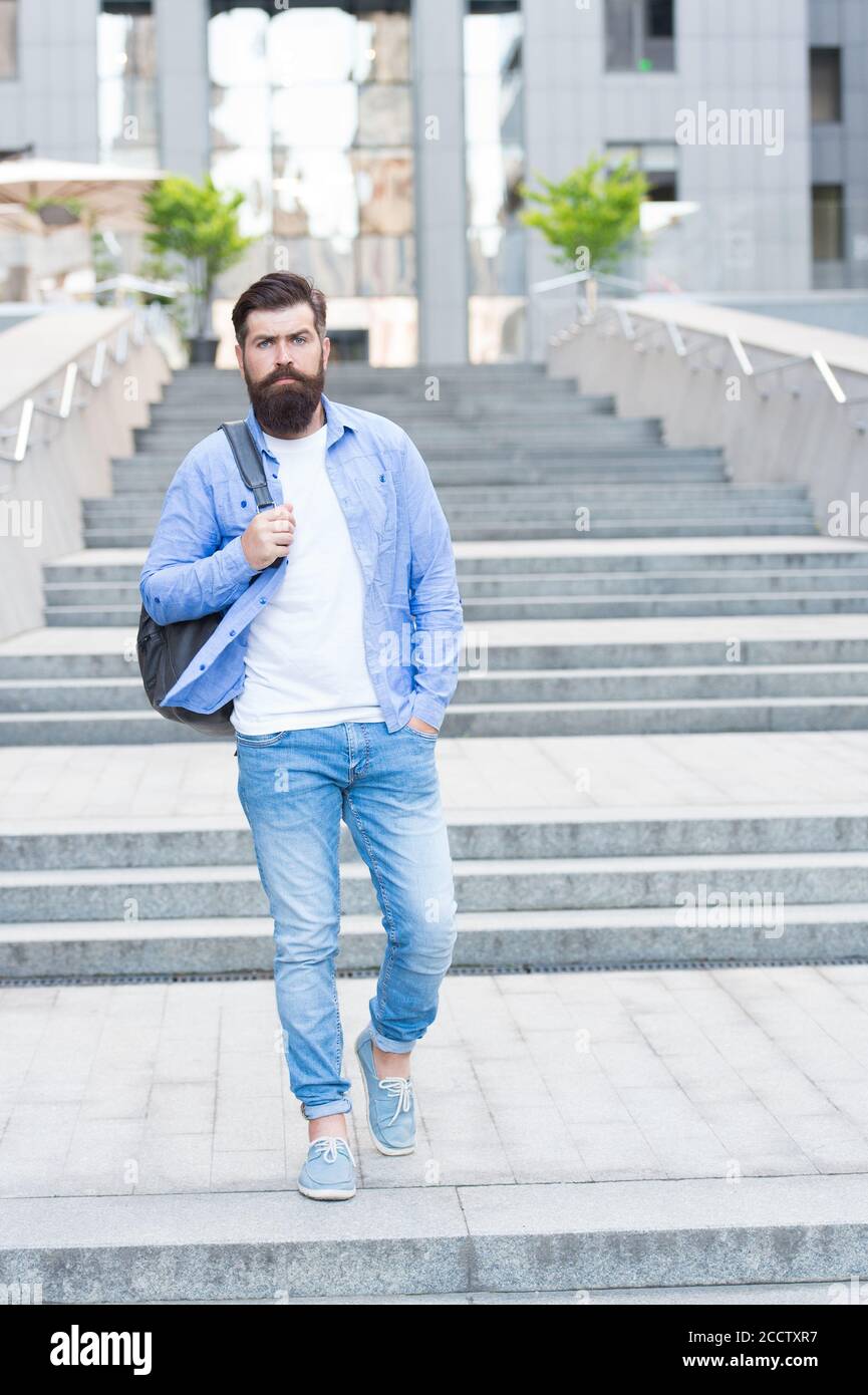 Summer Is In Bearded Man Go Downstairs Outdoors Hipster Wear Fashion Summer Style Casual Summer Outfit Urban Lifestyle Trendy Wardrobe For Men Stylish Trend Summer Vacation Wanderlust Stock Photo Alamy