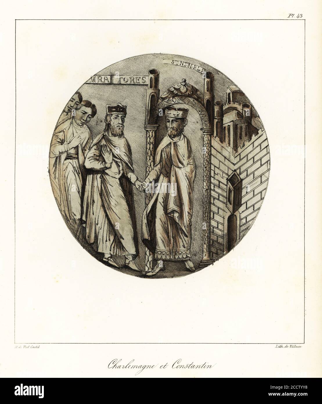 Charlemagne or Charles the Great (748-814), King of the Franks, with Constantine, Byzantine Emperor. Charlemagne et Constantin. Tinted lithograph by Villain after an illustration by Horace de Viel-Castel from his Collection des costumes, armes et meubles pour servir à l'histoire de la France (Collection of costumes, weapons and furniture to be used in the history of France), Treuttel & Wurtz, Bossange, 1827. Stock Photo
