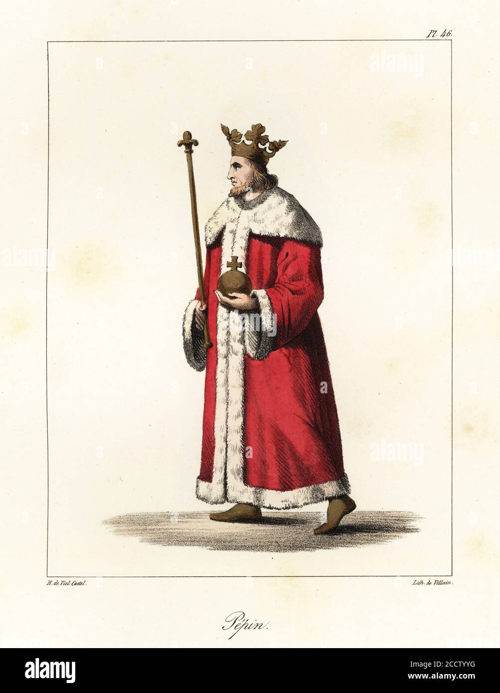 King Pepin the Short, King of the Franks, Carolingian Dynasty, 714-768. In crown with orb and sceptre, wearing a crimson cloak edged in ermine. Pepin le Bref. Handcoloured lithograph by Villain after an illustration by Horace de Viel-Castel from his Collection des costumes, armes et meubles pour servir à l'histoire de la France (Collection of costumes, weapons and furniture to be used in the history of France), Treuttel & Wurtz, Bossange, 1827. Stock Photo