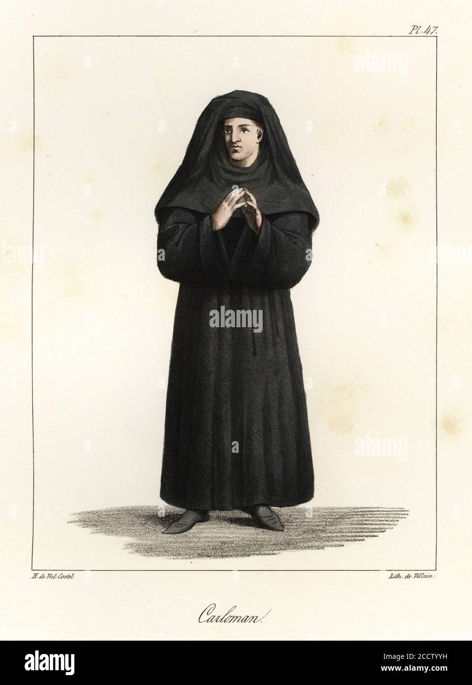 Carloman I, King of the Franks, younger brother of Charlemagne, 751-771. In black hooded habit. Handcoloured lithograph by Villain after an illustration by Horace de Viel-Castel from his Collection des costumes, armes et meubles pour servir à l'histoire de la France (Collection of costumes, weapons and furniture to be used in the history of France), Treuttel & Wurtz, Bossange, 1827. Stock Photo