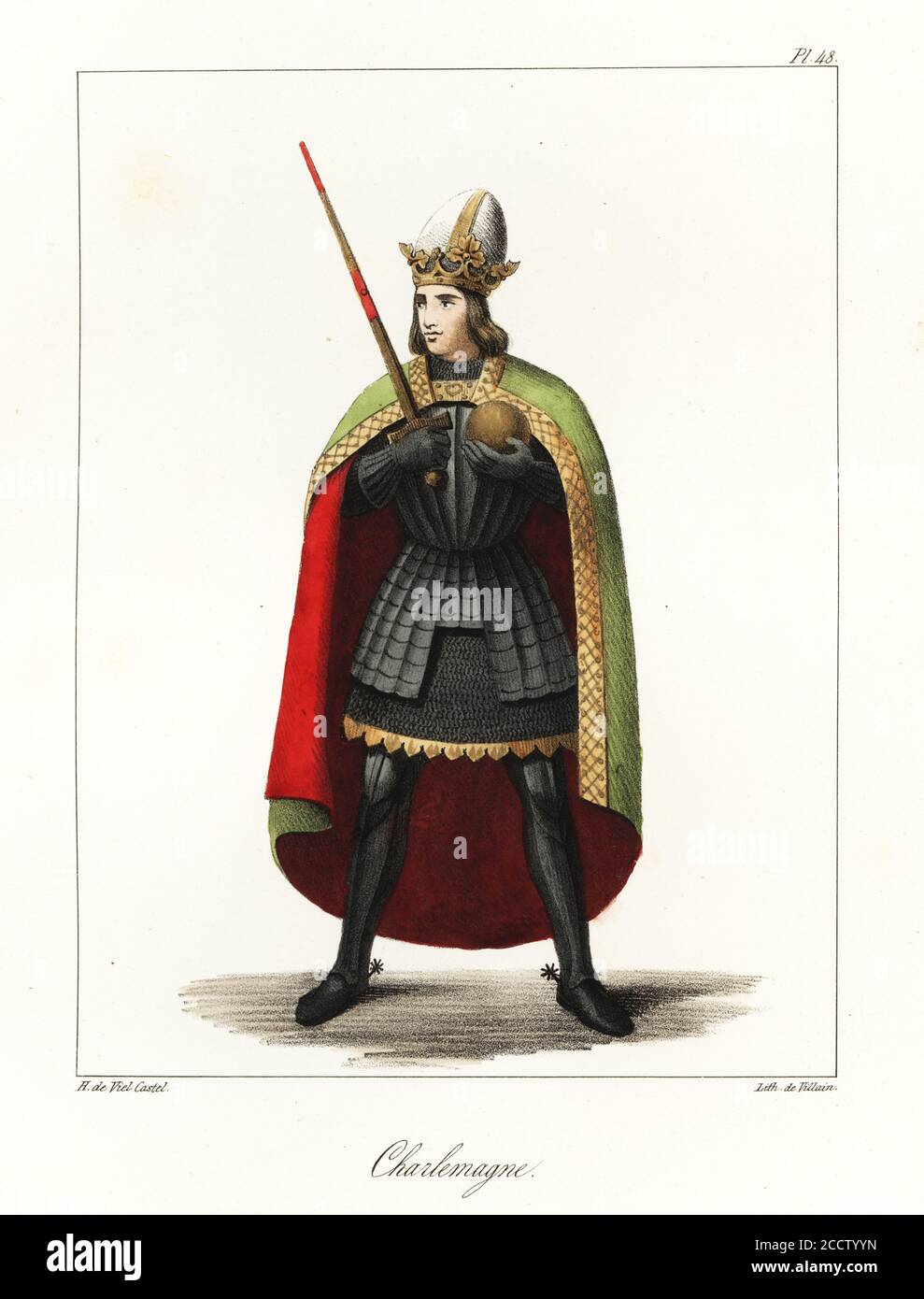 Charlemagne or Charles the Great, King of the Franks, Emperor of the Romans, 748-814. In crown with sword and orb, wearing a chlamys over a suit of armour, tunic, spurs. Handcoloured lithograph by Villain after an illustration by Horace de Viel-Castel from his Collection des costumes, armes et meubles pour servir à l'histoire de la France (Collection of costumes, weapons and furniture to be used in the history of France), Treuttel & Wurtz, Bossange, 1827. Stock Photo