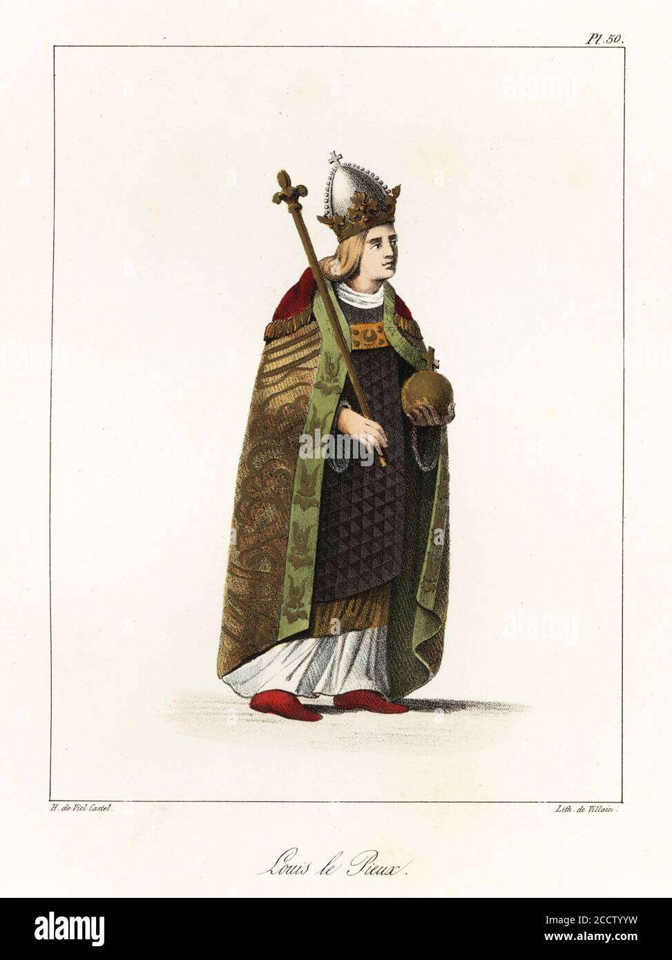 Louis the Pious, King of the Franks, co-emperor with his father,  Charlemagne, 778-840. In crown with orb and sceptre, chlamys over chasuble  and ecclesiastical robes. Louis le Pieux. Handcoloured lithograph by Villain