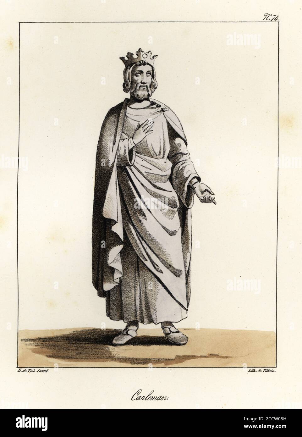 Statue of Carloman I, King of the Franks, younger brother of Charlemagne, 751-771. Tinted lithograph by Villain after an illustration by Horace de Viel-Castel from his Collection des costumes, armes et meubles pour servir à l'histoire de la France (Collection of costumes, weapons and furniture to be used in the history of France), Treuttel & Wurtz, Bossange, 1827. Stock Photo