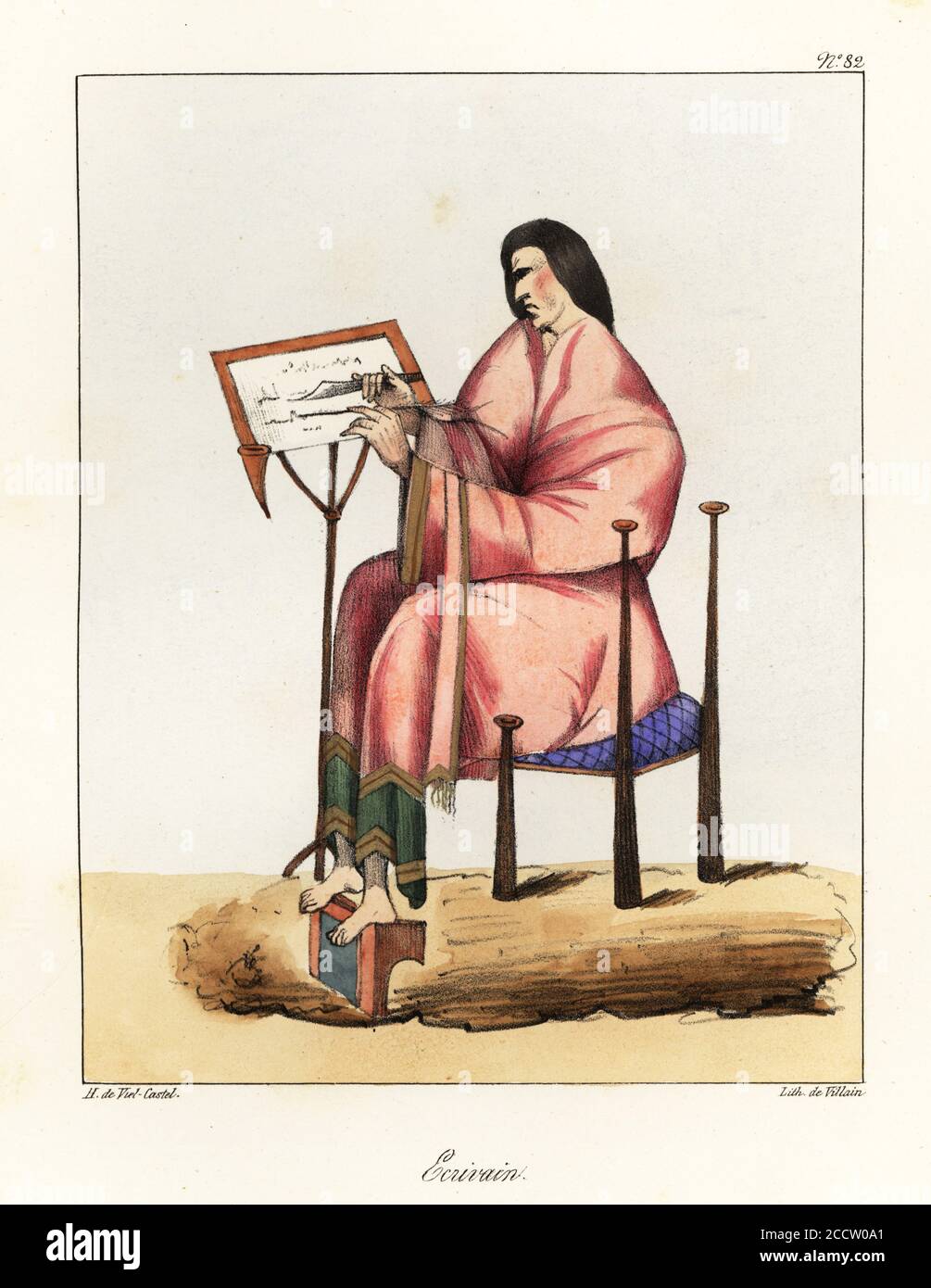 Scribe at work with quill and knife at a writing desk, seated on a chair with footrest, 9th century. Ecrivain. Handcoloured lithograph by Villain after an illustration by Horace de Viel-Castel from his Collection des costumes, armes et meubles pour servir à l'histoire de la France (Collection of costumes, weapons and furniture to be used in the history of France), Treuttel & Wurtz, Bossange, 1827. Stock Photo
