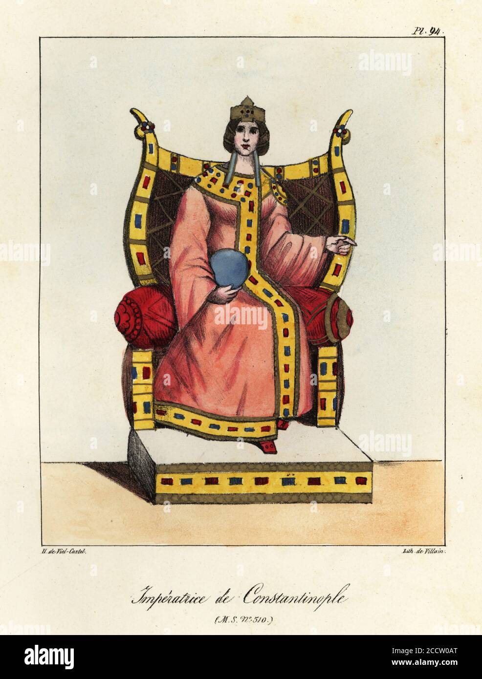 Byzantine Empress, 9th century, in a robe with gilt border encrusted with gems, matching the throne. From an illuminated manuscript by Gregory of Nazianzus. Imperatrice de Constantinople, MS 510. Handcoloured lithograph by Villain after an illustration by Horace de Viel-Castel from his Collection des costumes, armes et meubles pour servir à l'histoire de la France (Collection of costumes, weapons and furniture to be used in the history of France), Treuttel & Wurtz, Bossange, 1827. Stock Photo