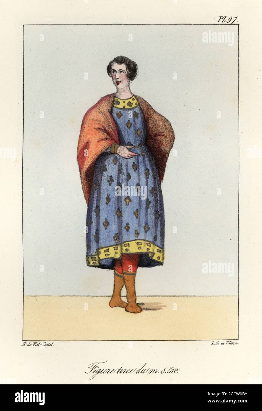 Woman in cloak and tunic, hose and boots, 9th century.  From illuminated manuscript 510 by Gregory of Nazianzus. Figure tiree du MS 510. Handcoloured lithograph by Villain after an illustration by Horace de Viel-Castel from his Collection des costumes, armes et meubles pour servir à l'histoire de la France (Collection of costumes, weapons and furniture to be used in the history of France), Treuttel & Wurtz, Bossange, 1827. Stock Photo