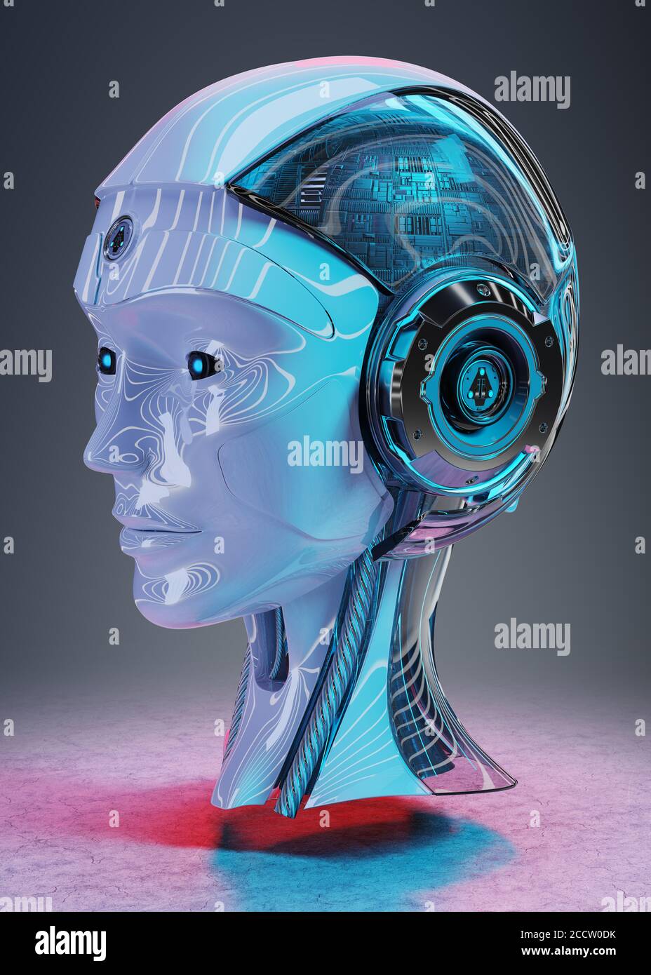 Cyborg head artificial intelligence isolated on blue background 3D rendering Stock Photo