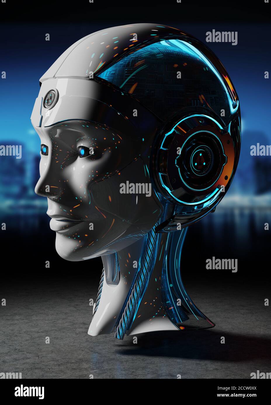 Cyborg head artificial intelligence isolated on drak background 3D rendering Stock Photo