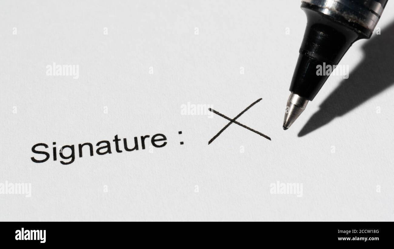People signing a document with a cross or X mark letter : illiterate or illiteracy concept Stock Photo