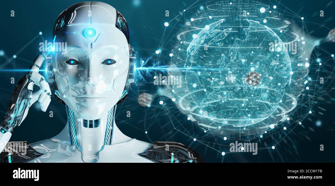 White woman cyborg on blurred background using planet Earth interface 3D rendering Stock Photo