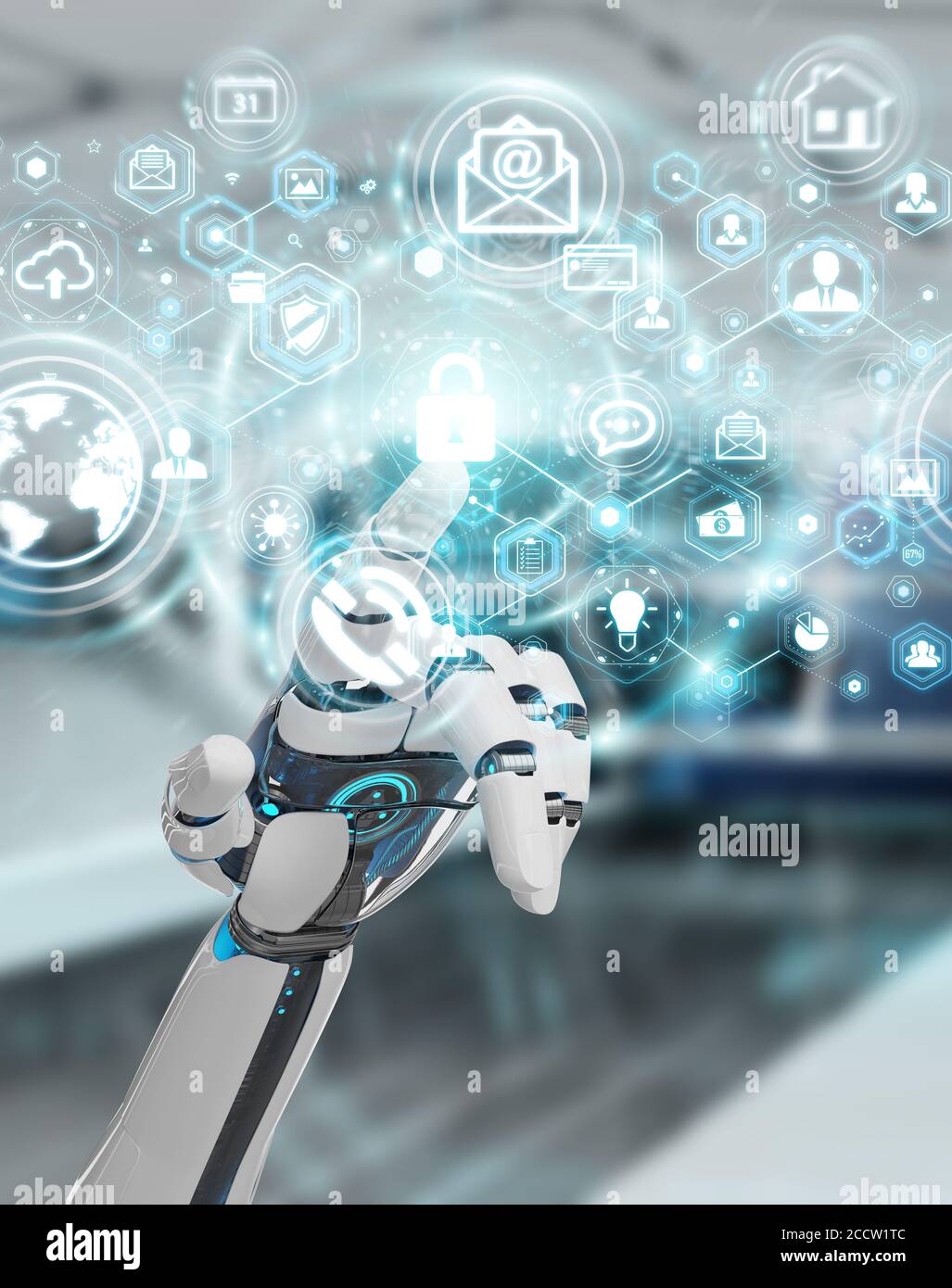 White robot hand on blurred background using cyber security data interface 3D rendering Stock Photo