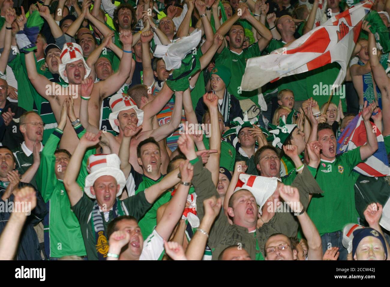 07 September 2005. Windsor Park, Belfast, Northern Ireland. International football – 2006 FIFA World Cup Group 6 Qualifier, Northern Ireland 1 England 0. Northern Ireland fans celebrate a famous victory at the end of the match against England. Stock Photo