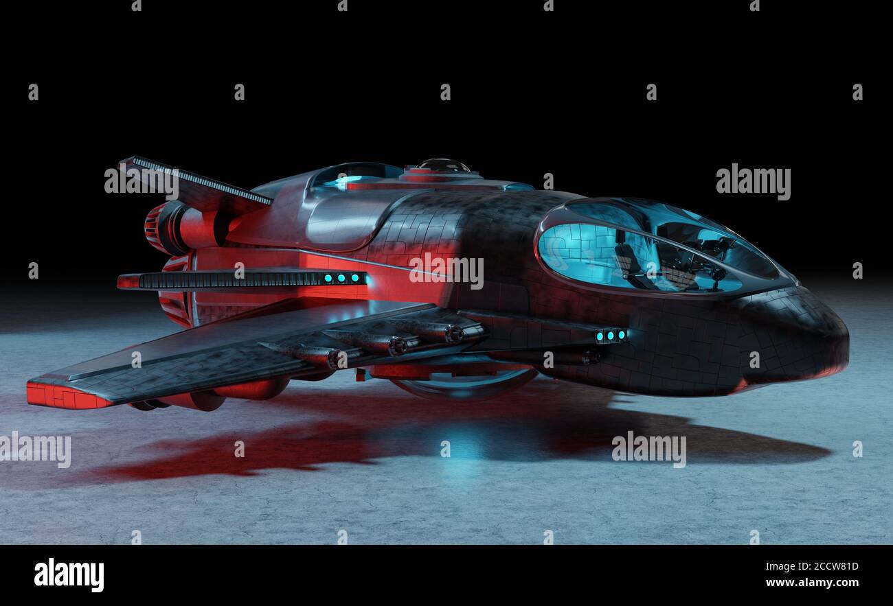 Black mettalic futuristic spacecraft isolated on dark background 3D ...