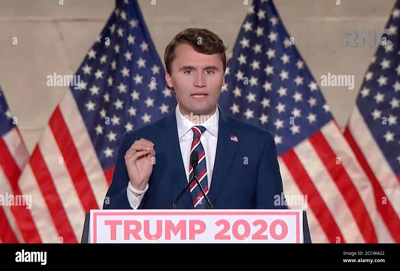 In this image from the Republican National Convention video feed, Charlie Kirk makes remarks during the first day of the convention on Monday, August 24, 2020.Credit: Republican National Convention via CNP | usage worldwide Stock Photo