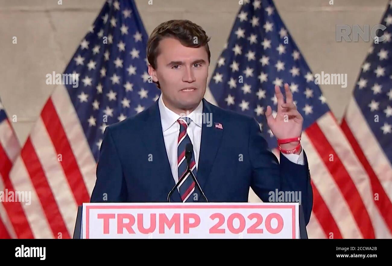 In this image from the Republican National Convention video feed, Charlie Kirk makes remarks during the first day of the convention on Monday, August 24, 2020.Credit: Republican National Convention via CNP | usage worldwide Stock Photo