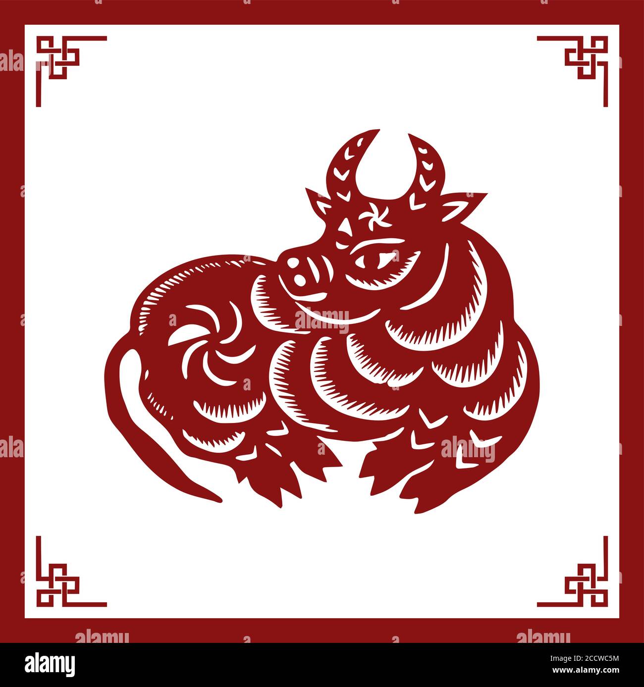 The Classic Chinese Papercutting Style Illustration, A Cartoon Bull, The Chinese Zodiac Stock