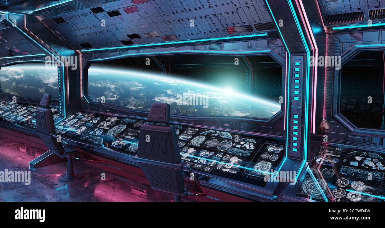 Grunge Spaceship Blue And Pink Interior With View On Planet Earth 3D Grunge Spaceship Blue And Pink Interior With View On Planet Earth 3D