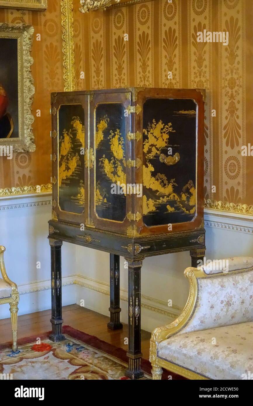 Japanned cabinet, Chippendale, 1 of 2 - Cinnamon Drawing Room - Harewood House - West Yorkshire, England - Stock Photo