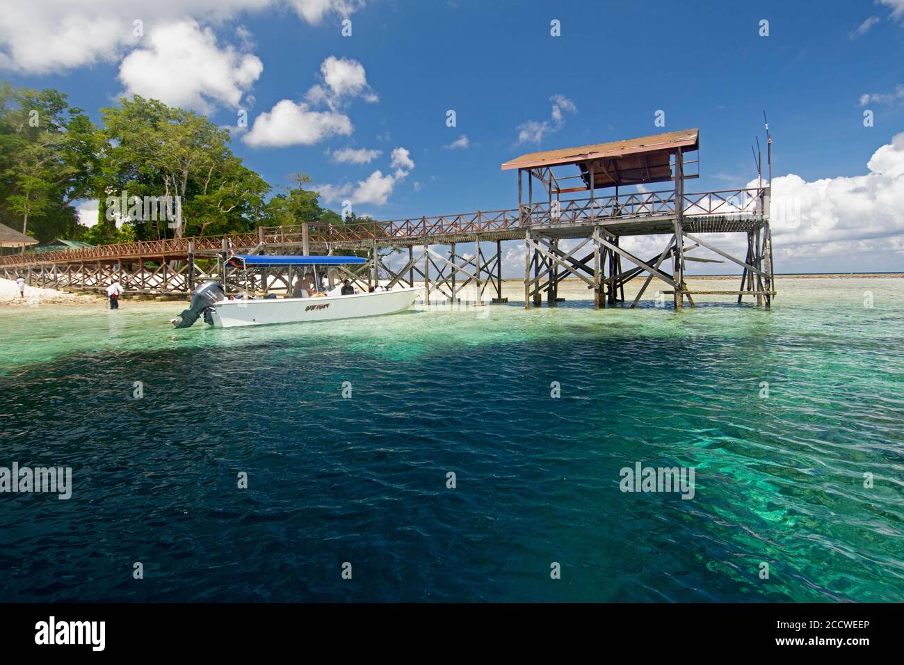 Boat docked in a pier, Sipadan Island, Malaysia Stock Photo