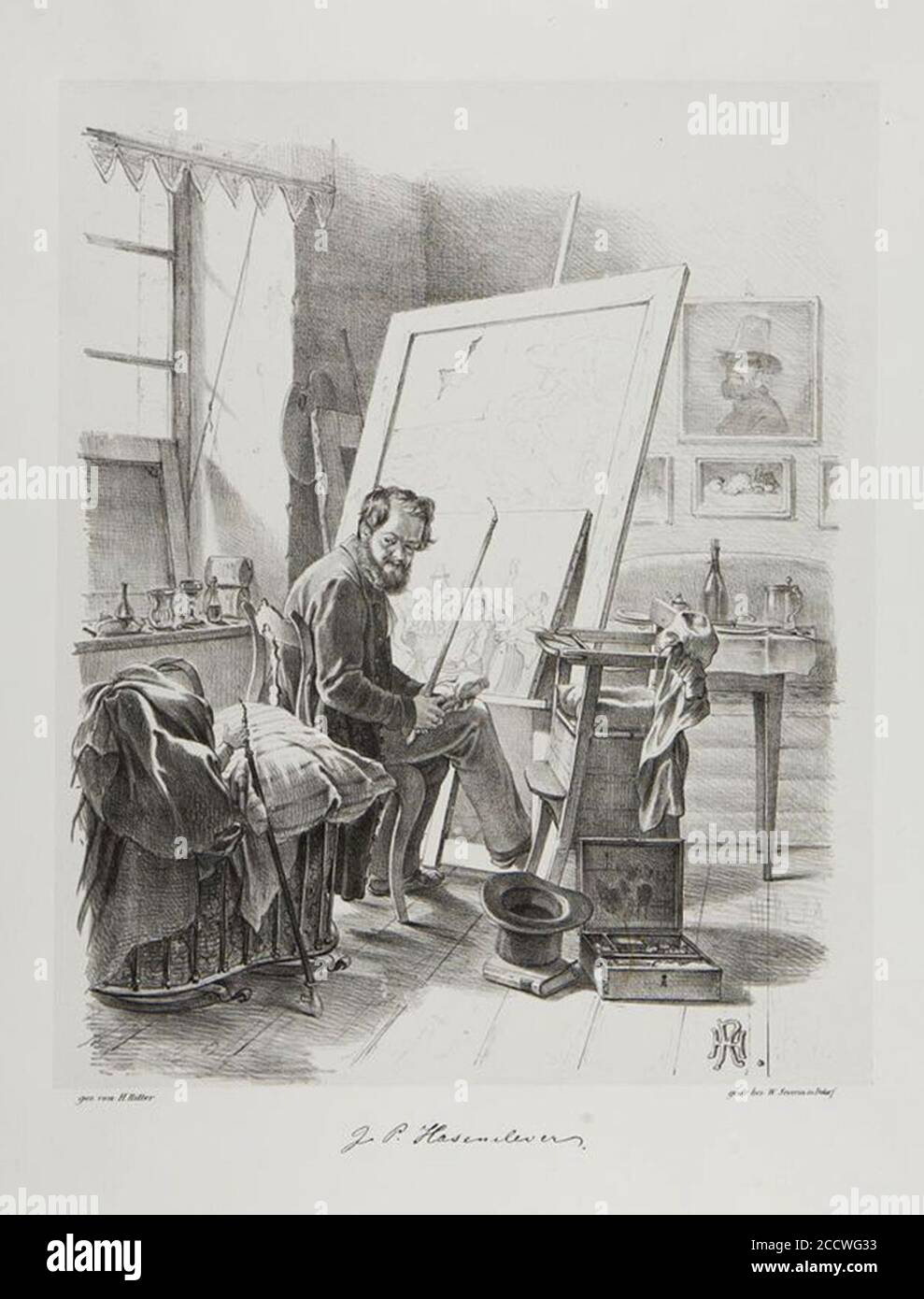 Johann Peter Hasenclever in seinem Atelier, den ‘Weinkeller‘ malend, Henry Ritter in Schattenseiten der Düsseldorfer Maler, 1845. Stock Photo