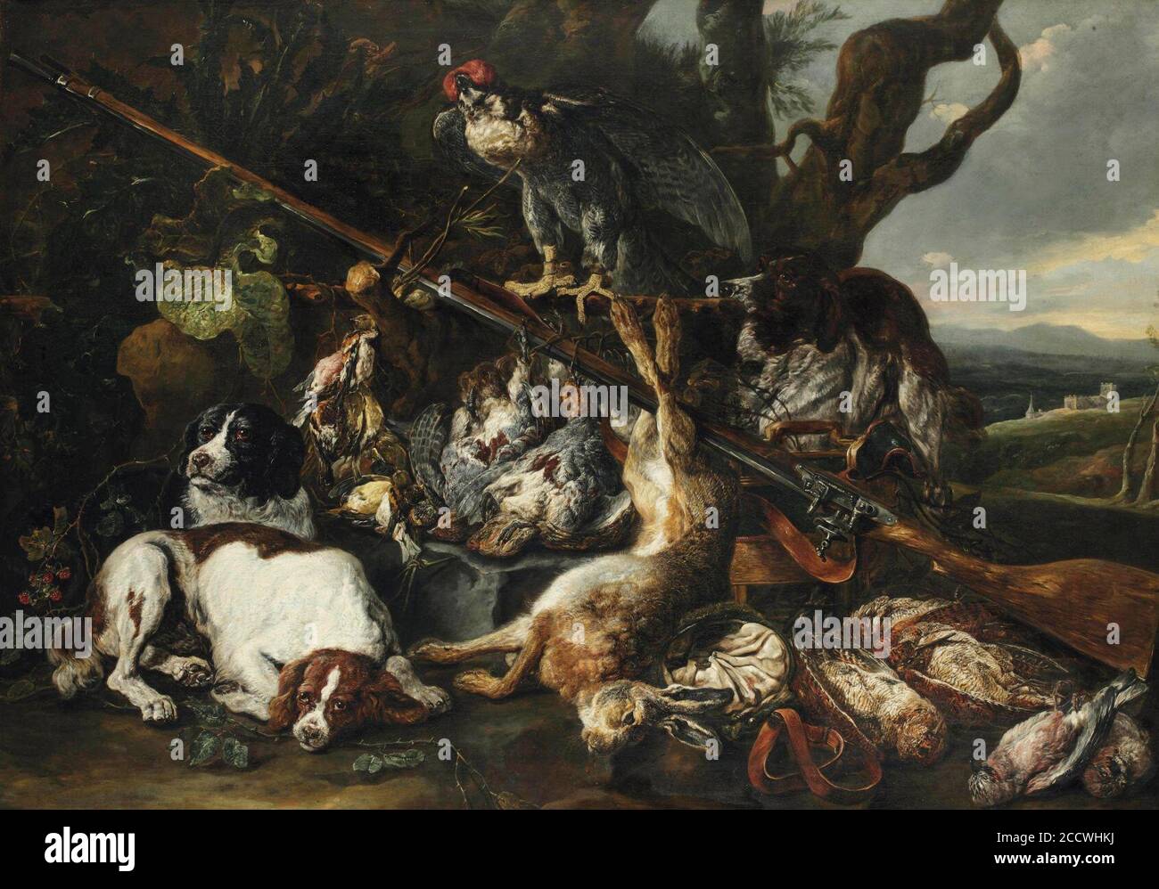 Joannes Fijt - A hunting still life of a hare, birds, hooded falcon, rifle. Stock Photo