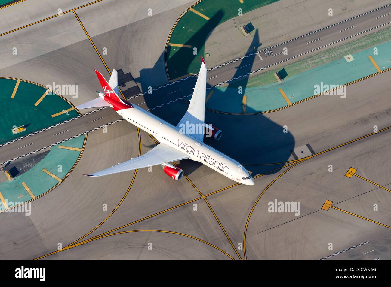 Virgin Atlantic Boeing 787 Dreamliner taxiing at KLAX Airport, USA. Aircraft 787-9 aerial view. Airline from United Kingdom. Taxiway lines. Stock Photo