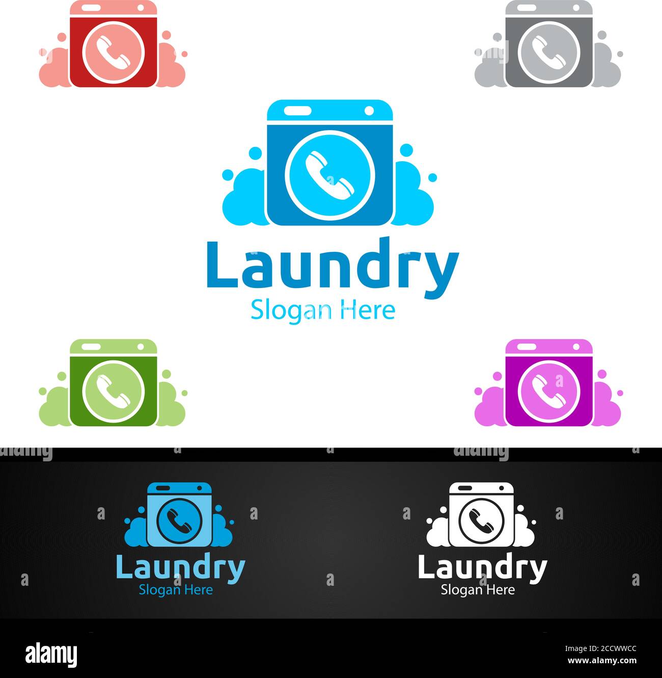 Call Laundry Dry Cleaners Logo with Clothes, Water and Washing Concept Design Stock Vector