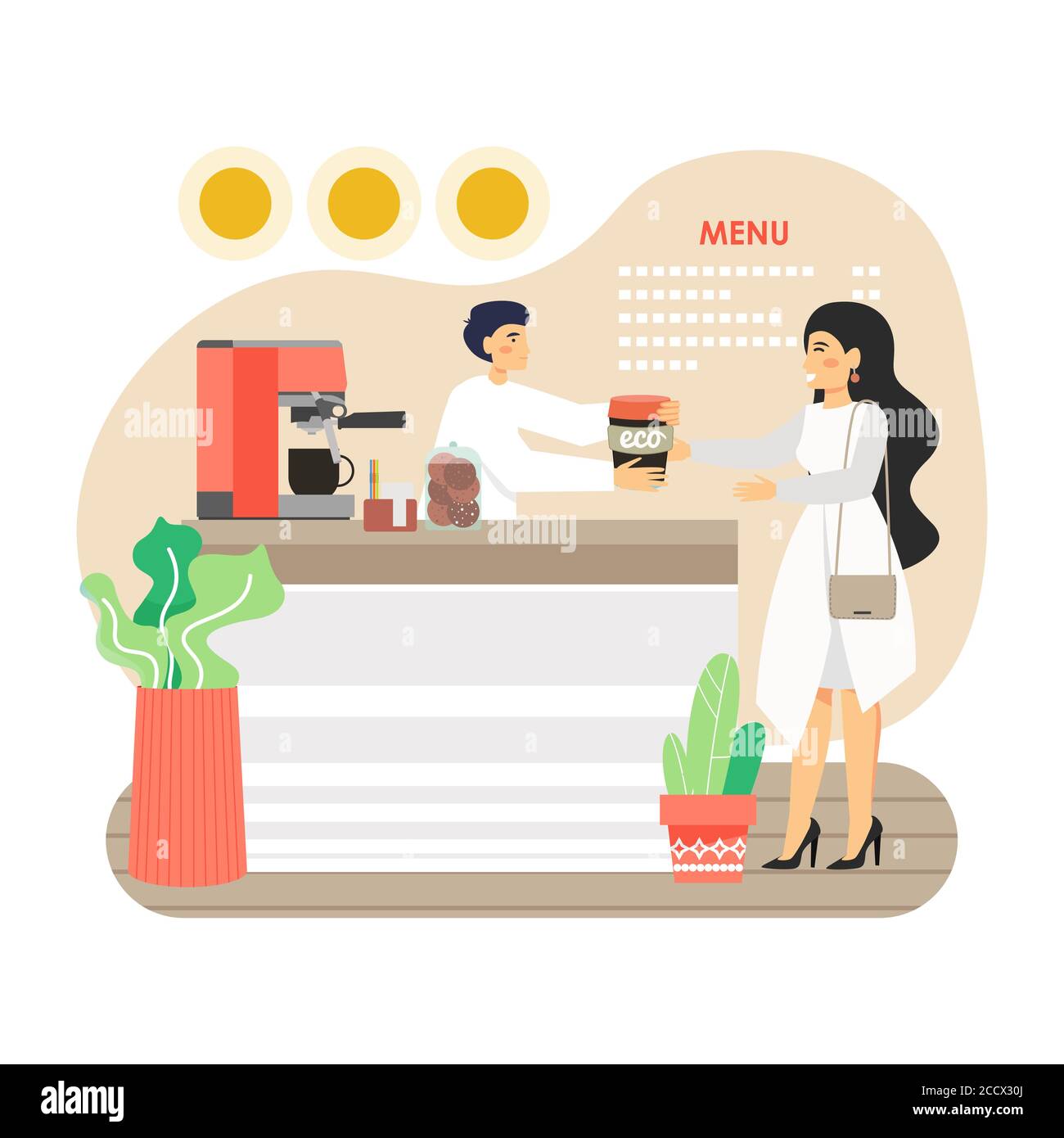Woman, ecologist buying coffee in her own reusable cup in eco friendly coffee shop, flat vector