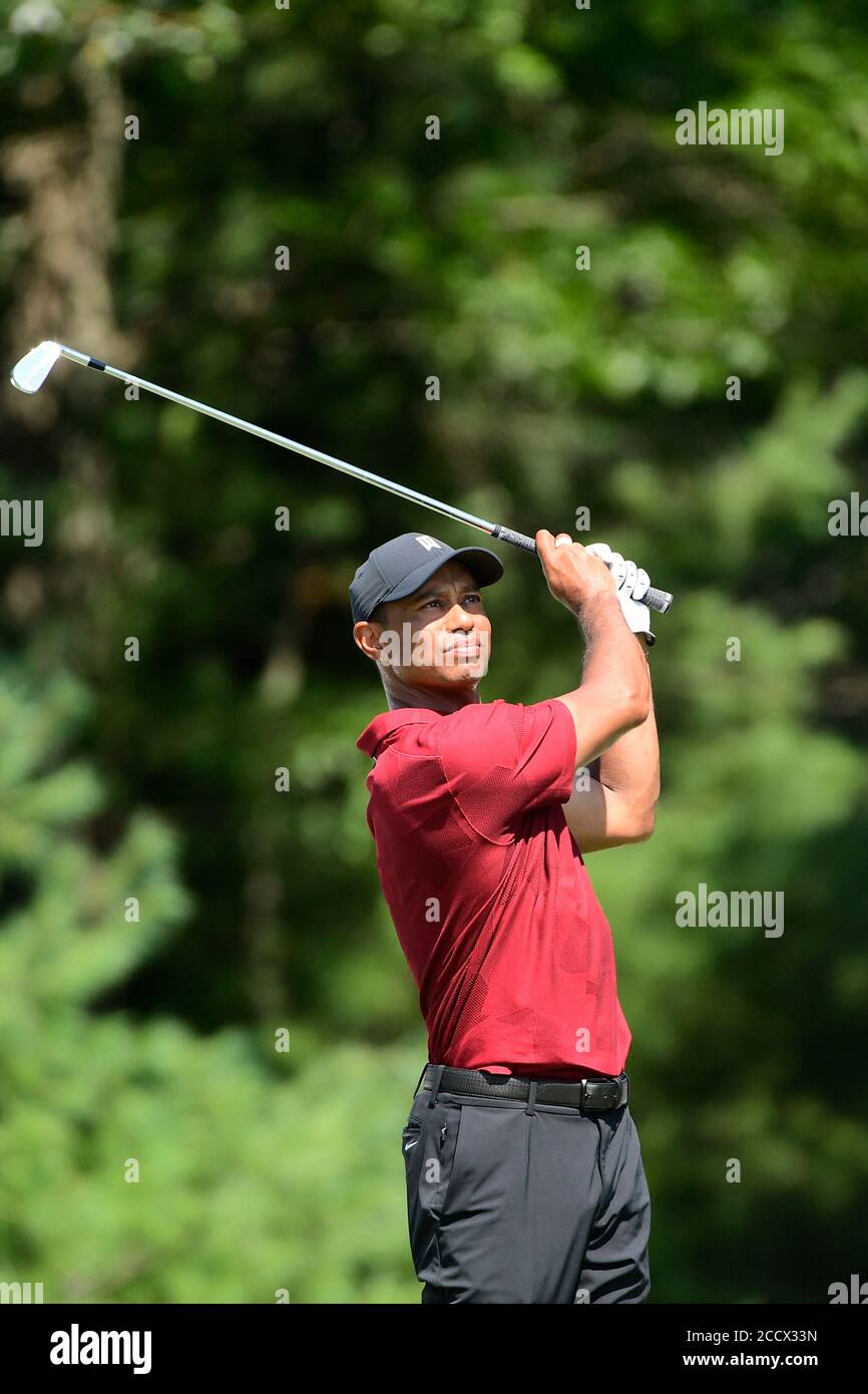 August 23, 2020: Tiger Woods, of the United States, stives from the 16th tee during the final round of the Northern Trust PGA golf tournament in Norton, Mass. Eric Canha/CSM Stock Photo