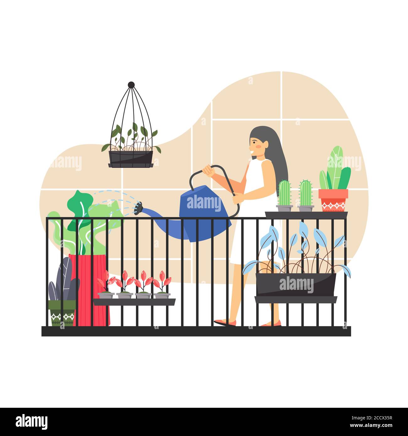 Balcony gardening. Young woman, gardener watering plants on balcony