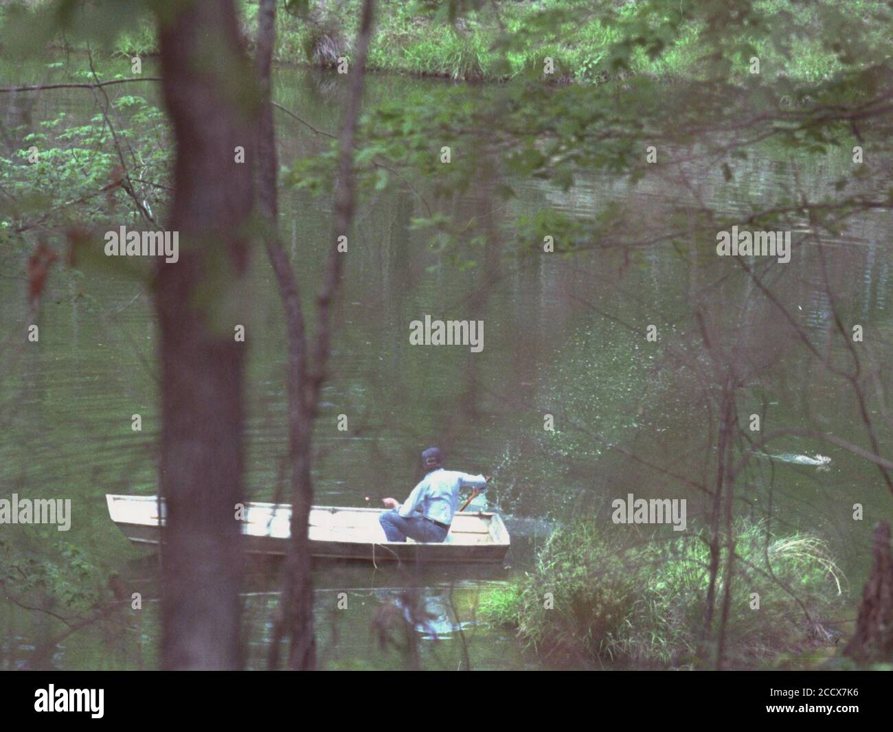 Jimmy Carter in boat chasing away swimming rabbit, Plains,