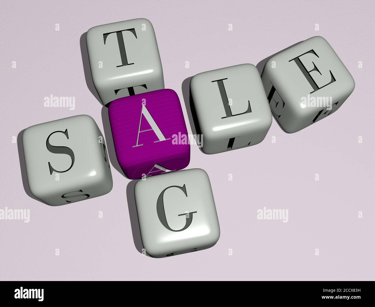sale tag crossword by cubic dice letters, 3D illustration Stock Photo