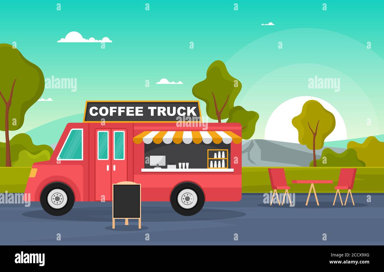 Coffee Cafe Food Truck Van Car Vehicle Street Shop Illustration Stock Vector