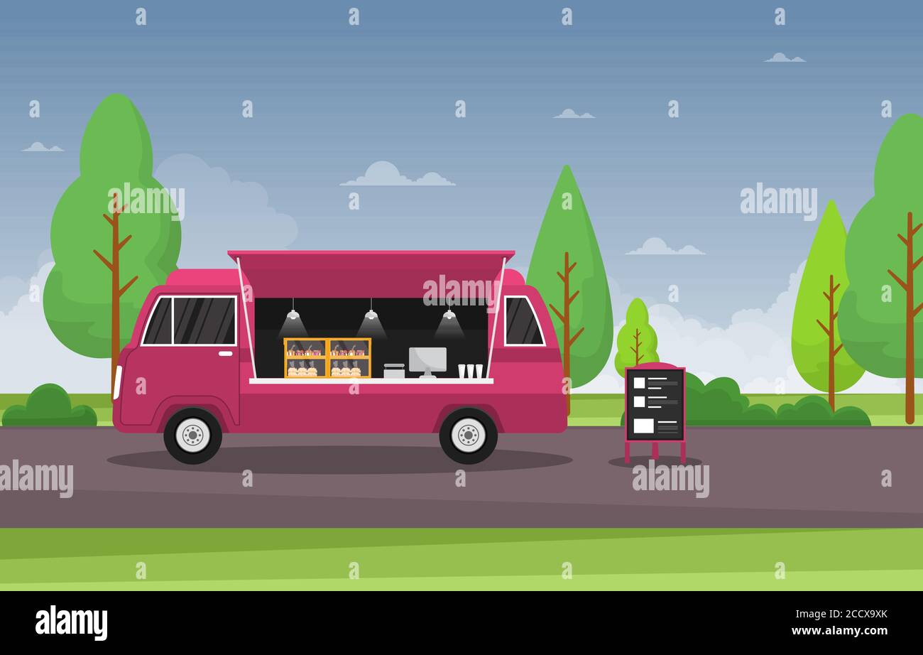 Food Truck Van Car Vehicle Street Shop Park Illustration Stock Vector