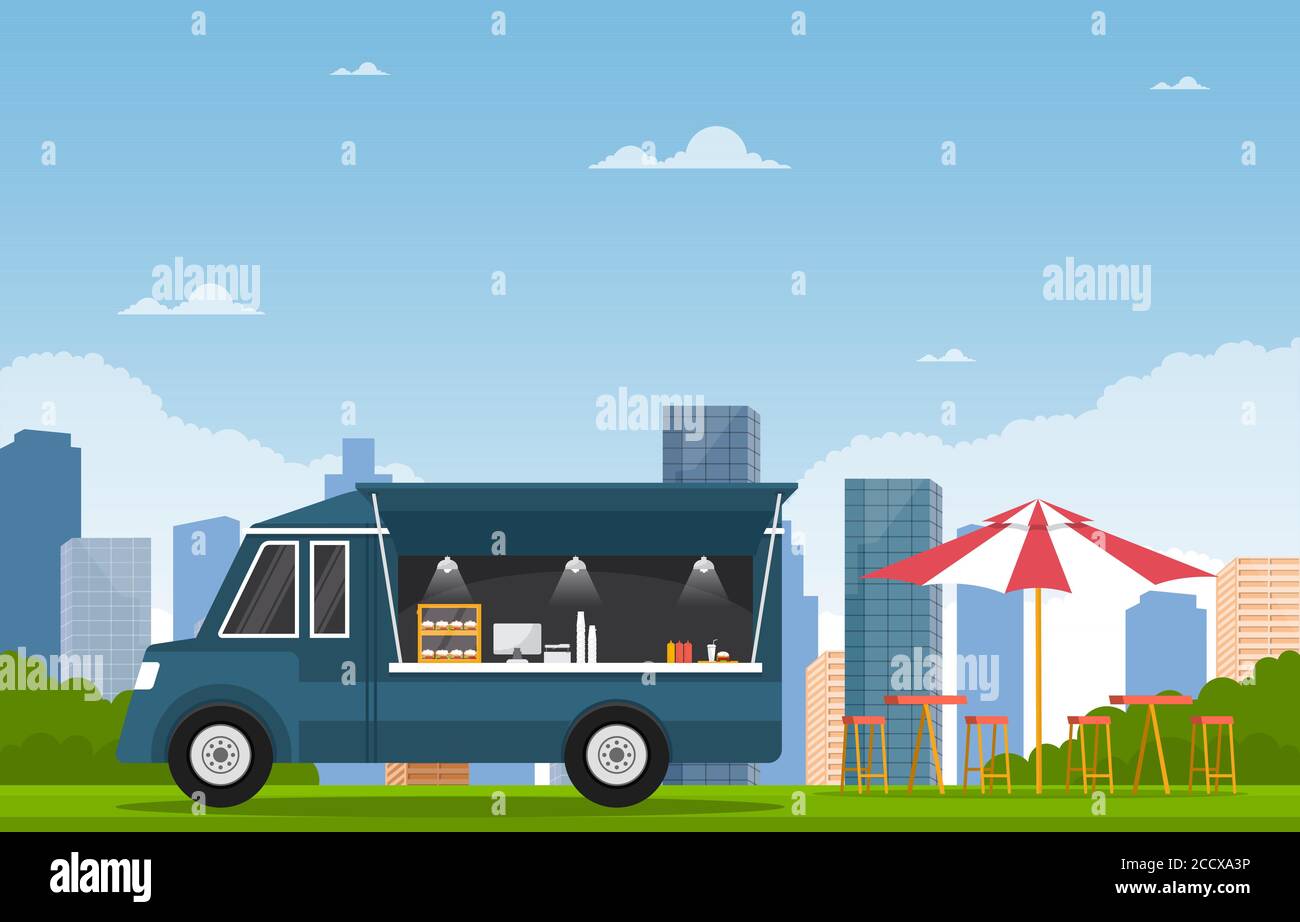 Food Truck Van Car Vehicle Street Shop City Illustration Stock Vector