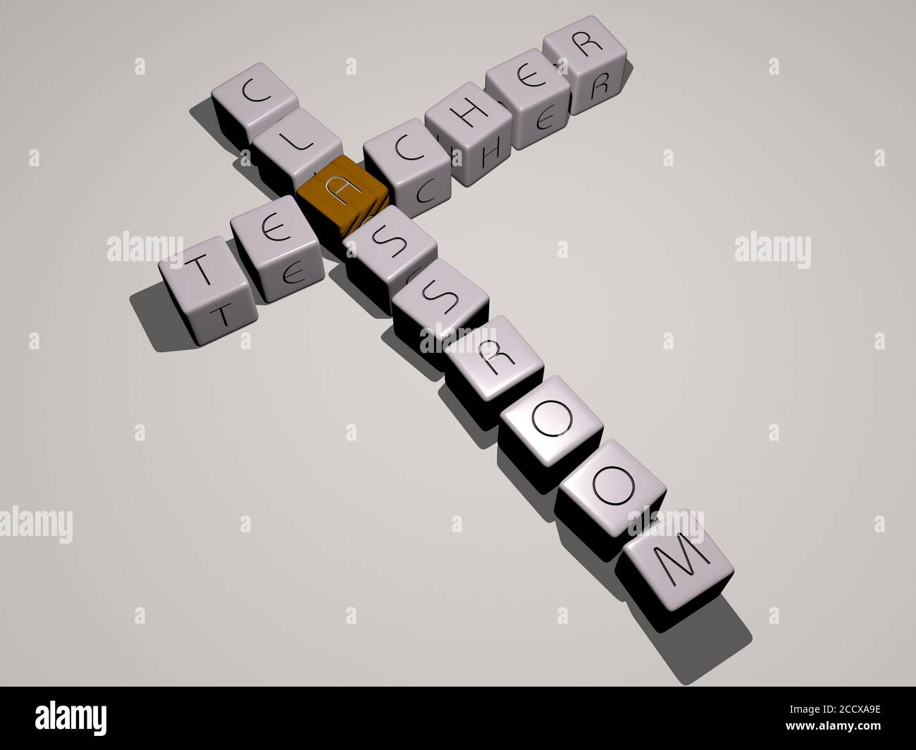 teacher classroom crossword by cubic dice letters, 3D illustration