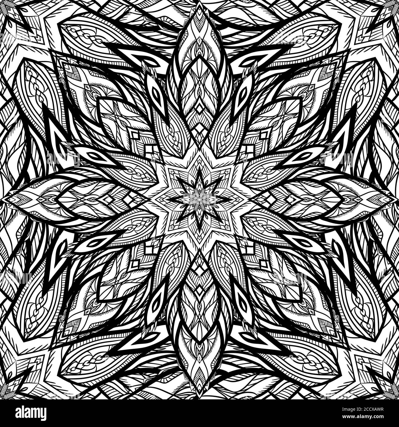 Seamless black and white snowflake texture. Vector pattern with mandala ...