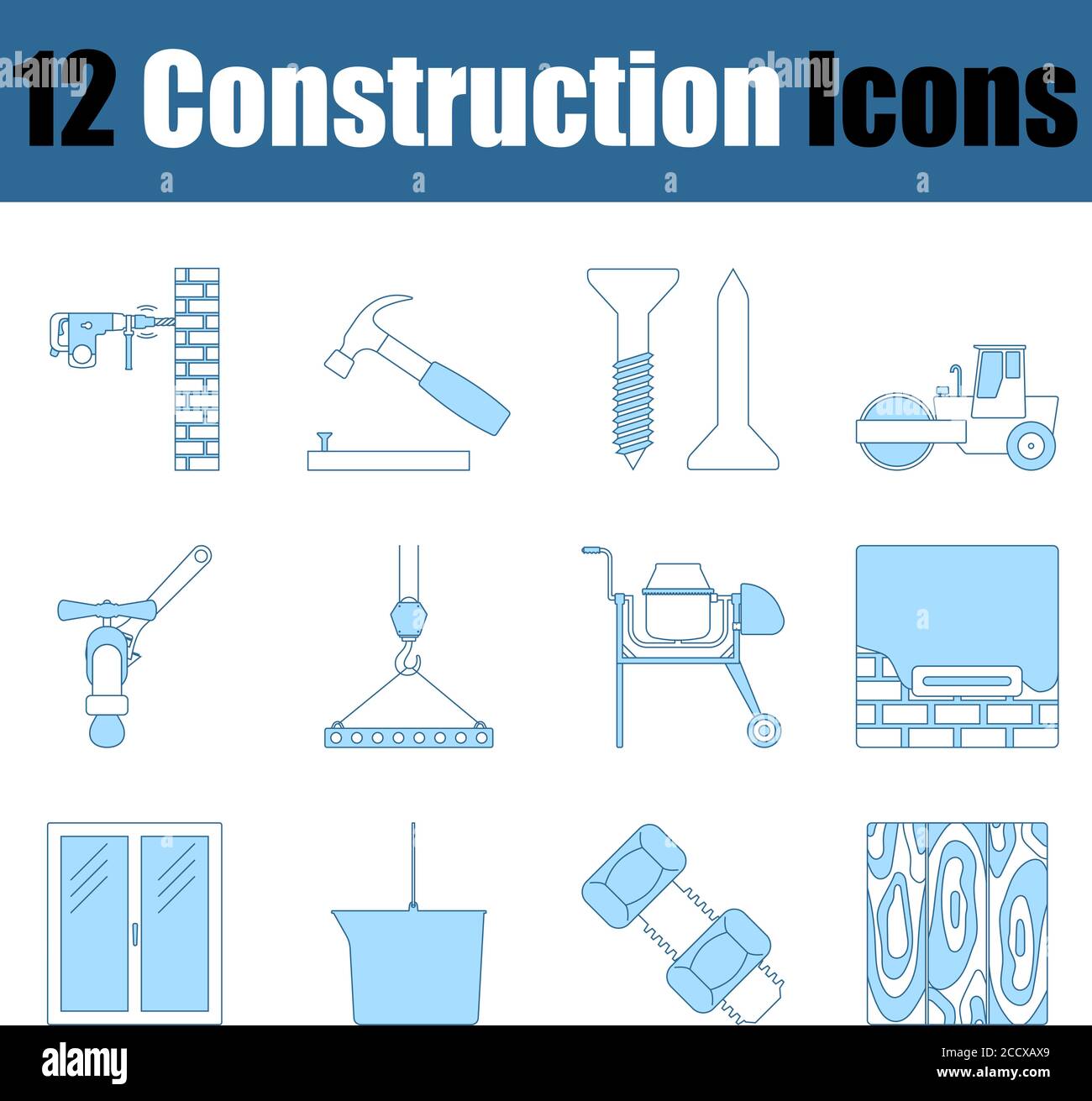 Construction Icon Set. Thin Line With Blue Fill Design. Vector Illustration. Stock Vector