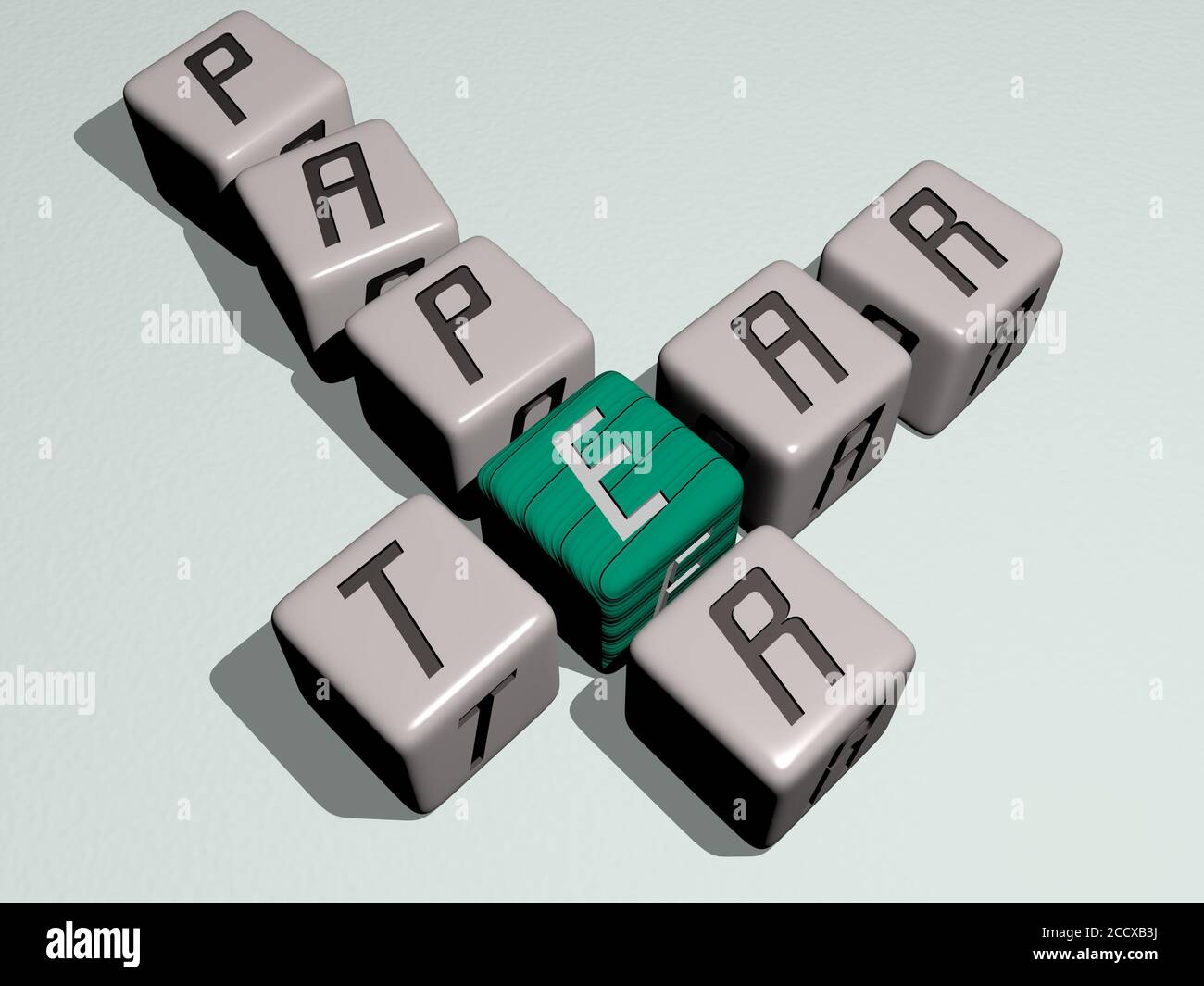 TEAR PAPER crossword by cubic dice letters, 3D illustration Stock Photo