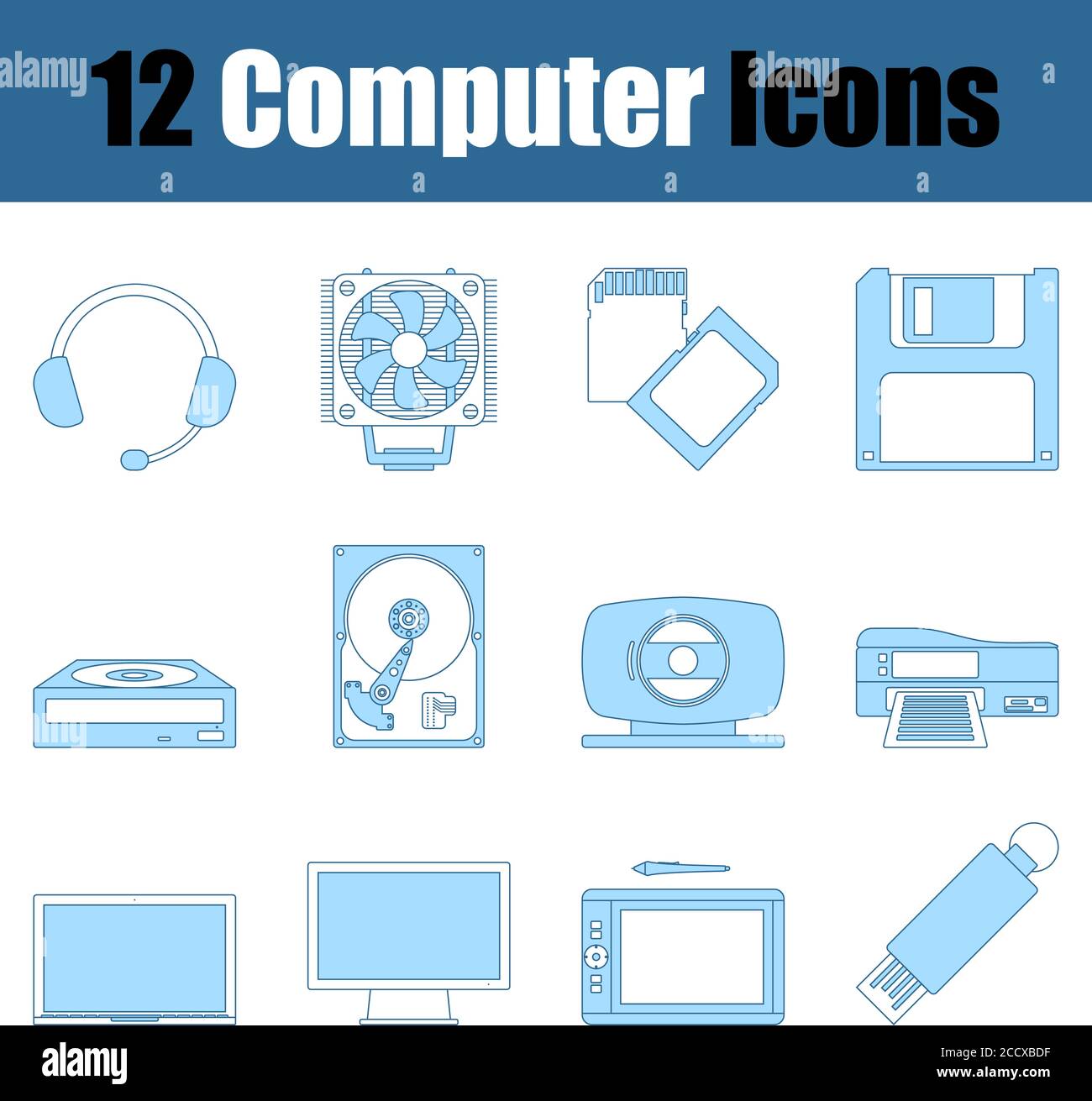 Computer Icon Set. Thin Line With Blue Fill Design. Vector Illustration. Stock Vector