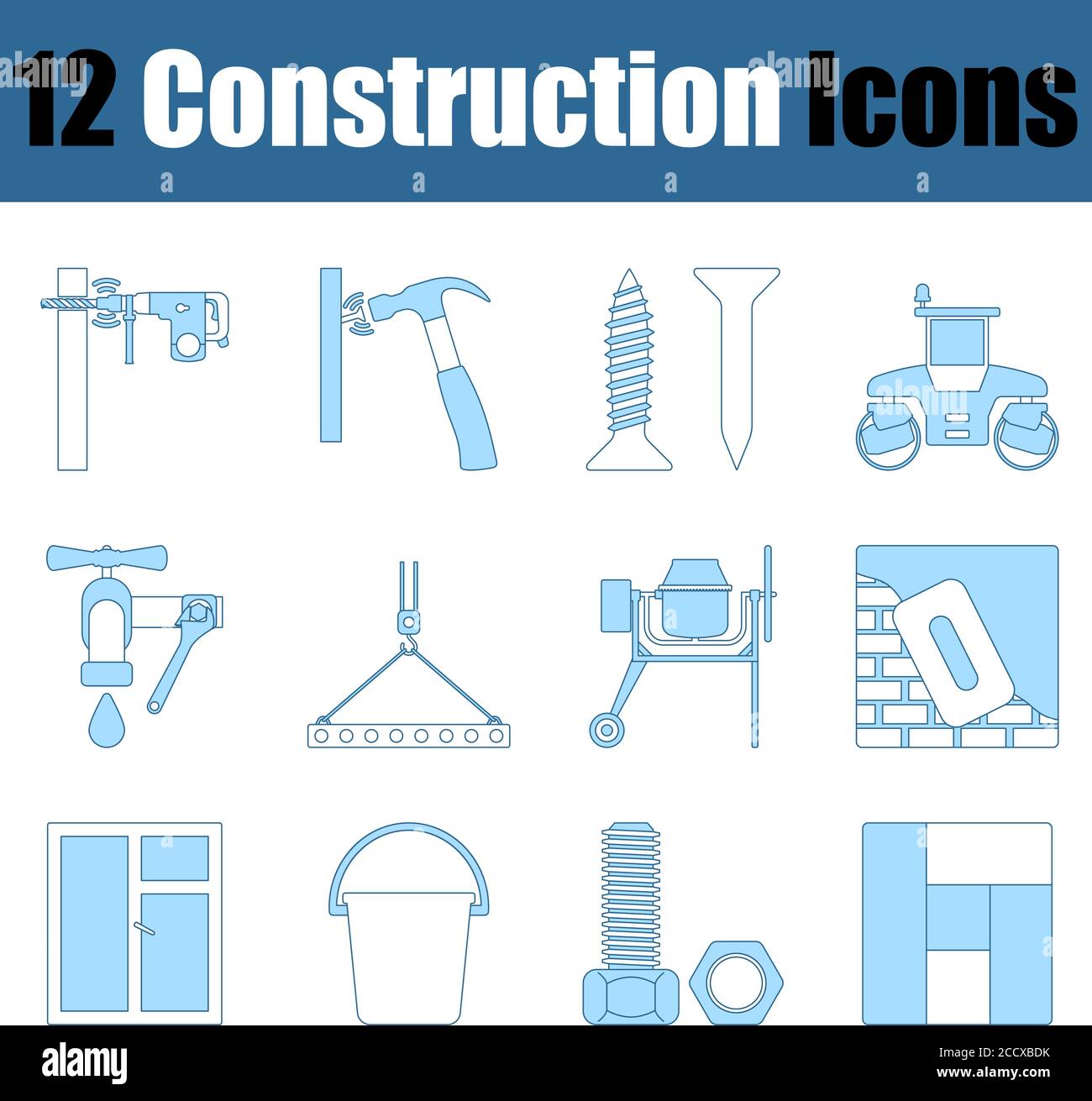 Construction Icon Set. Thin Line With Blue Fill Design. Vector Illustration. Stock Vector