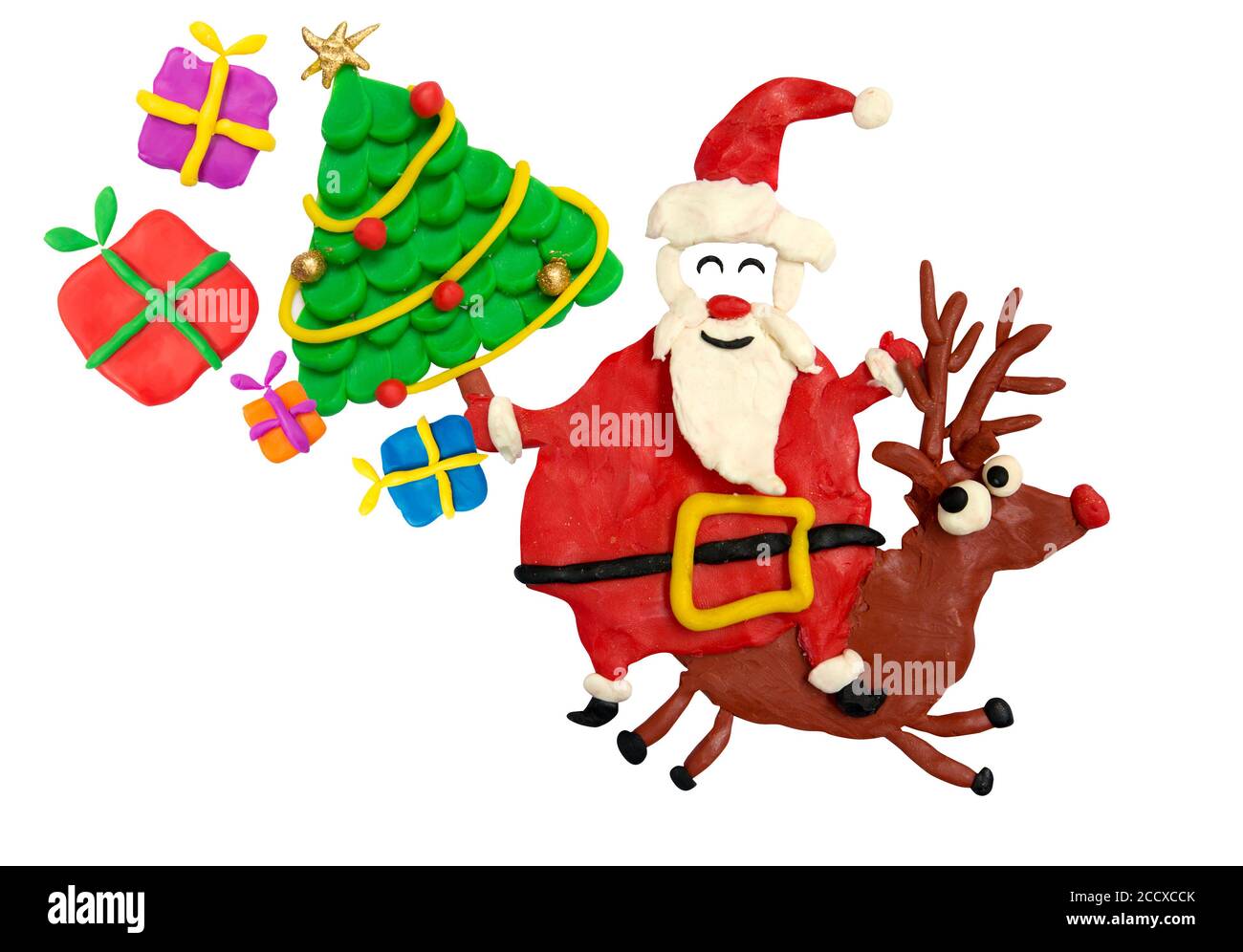 Cartoon fun Santa rides a deer with Christmas tree and gifts in his bag ...