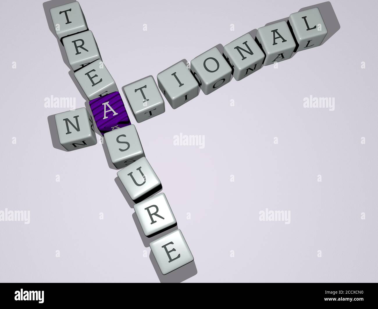 national treasure crossword by cubic dice letters, 3D illustration