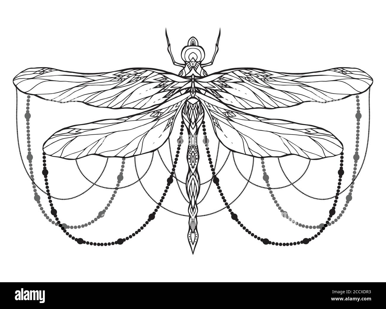 Black and white dragonfly illustration with boho pattern and beads. Vector element for sketching tattoos, printing on T-shirts, postcards and your cre Stock Vector
