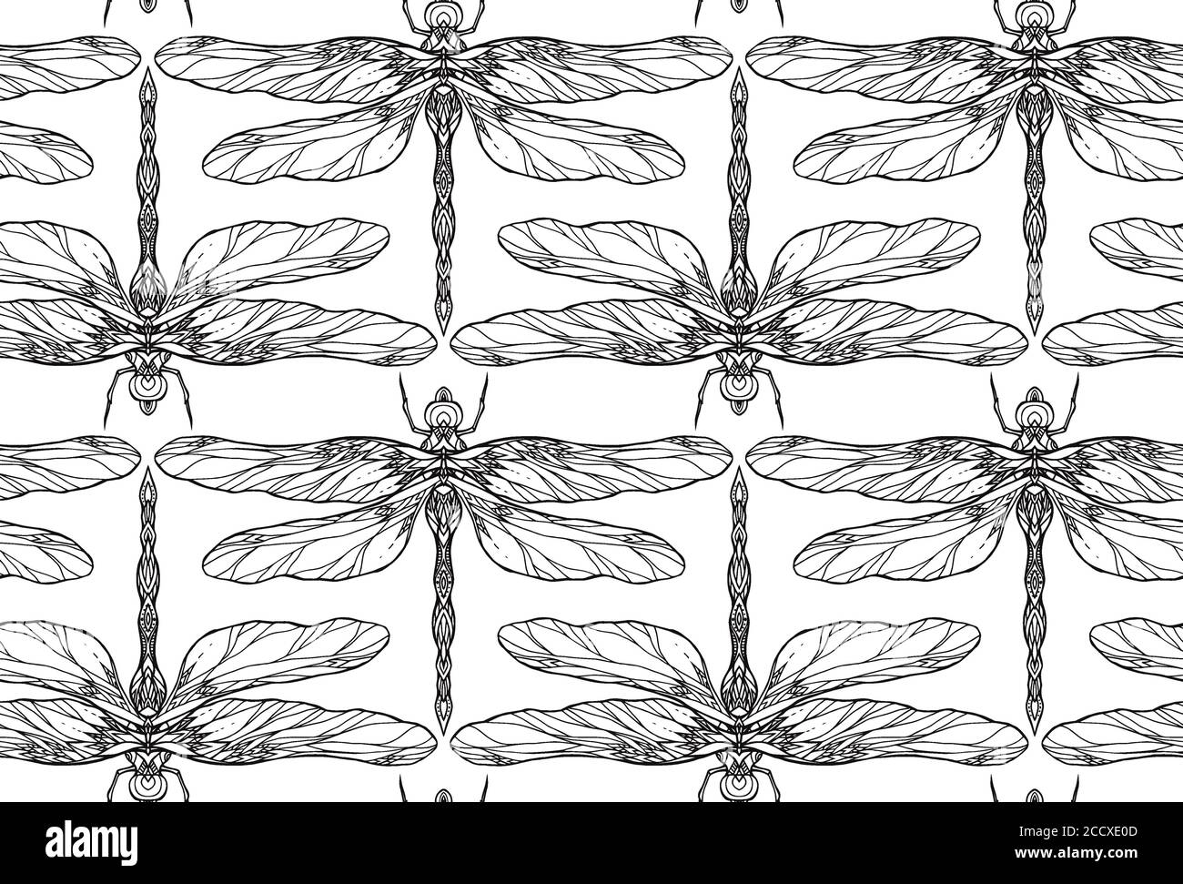 Seamless black and white texture with dragonfly illustration with boho pattern. Vector pattern for fabric, wallpaper, wrapping paper and your creativi Stock Vector
