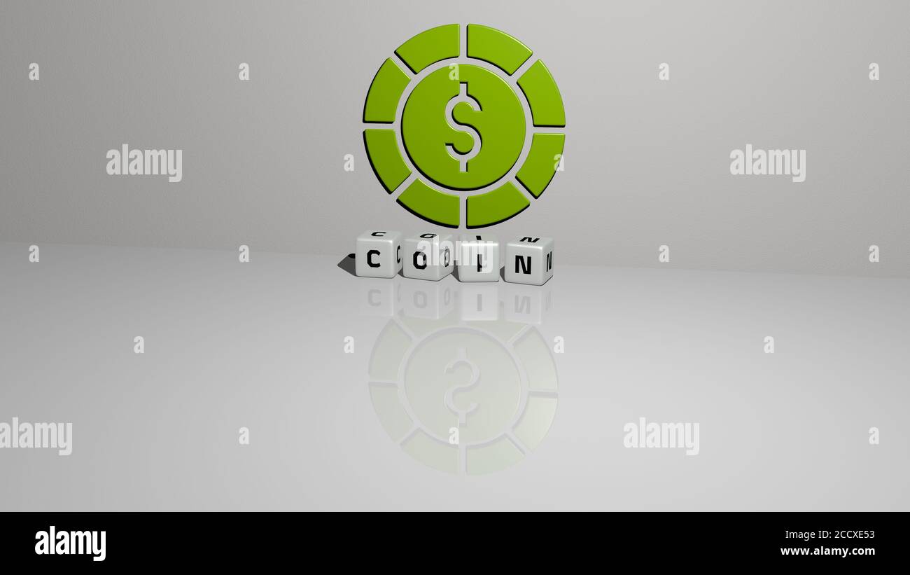 COIN text of cubic dice letters on the floor and 3D icon on the wall ...