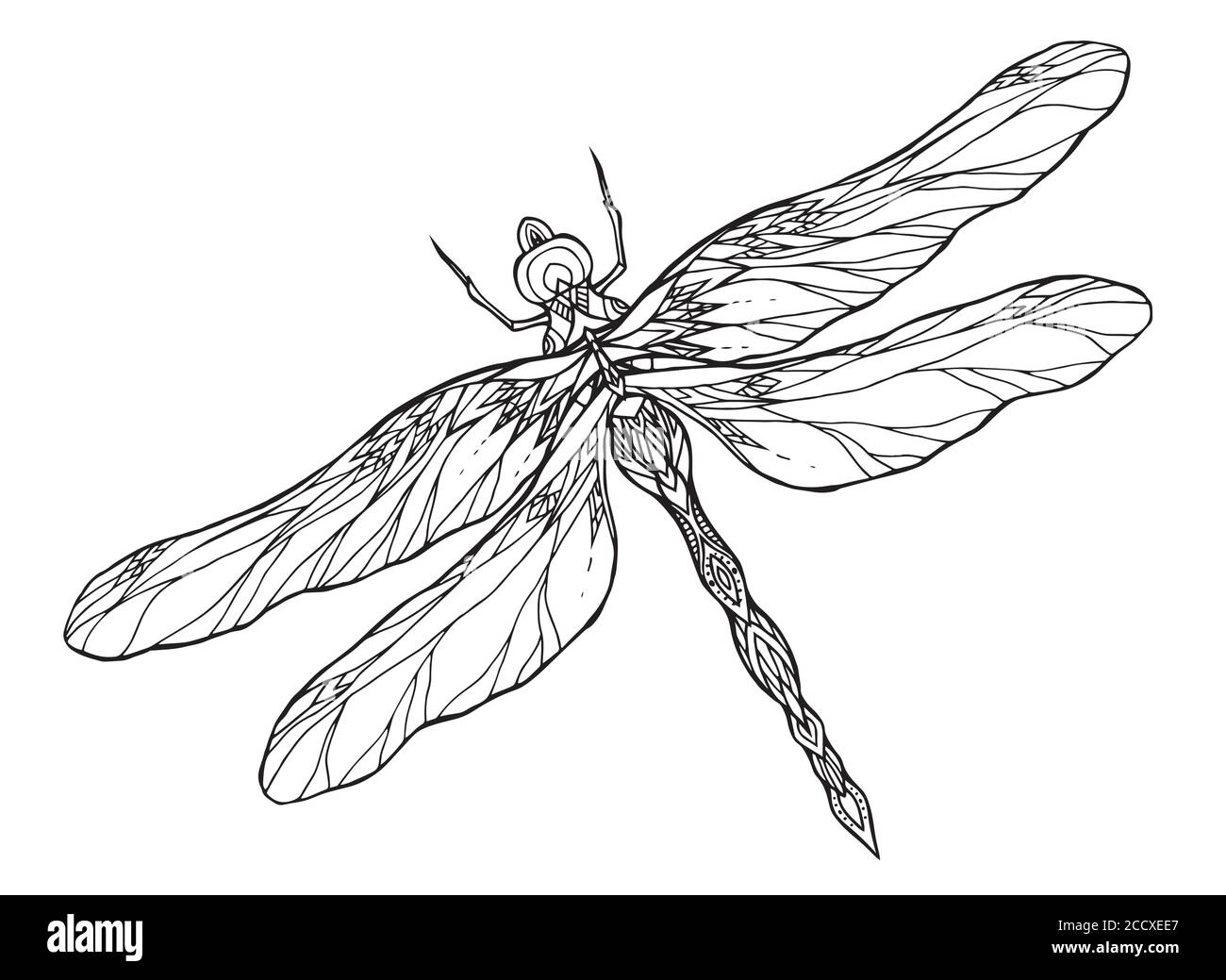 Black and white dragonfly illustration with a boho pattern. Vector element for sketching tattoos, printing on T-shirts, postcards and your creativity Stock Vector